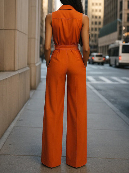 High Waisted Sleeveless Buttoned Pockets Tied Waist Lapel Jumpsuits