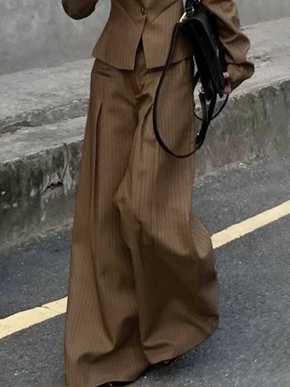 Loose Wide Leg Pleated Split-Joint Striped Pants Trousers COFFEE