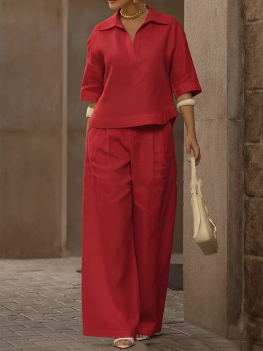 Solid Color Half Sleeves Lapel Blouses&Shirts Tops + High Waisted Pleated Trousers Pants Two Pieces Set