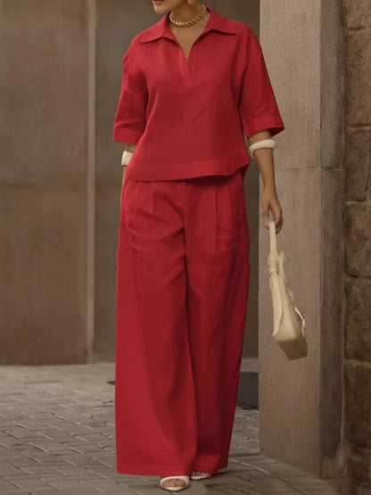 Solid Color Half Sleeves Lapel Blouses&Shirts Tops + High Waisted Pleated Trousers Pants Two Pieces Set