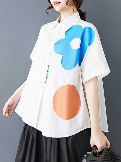 Loose Short Sleeves Buttoned Flower Print Lapel Blouses&Shirts Tops