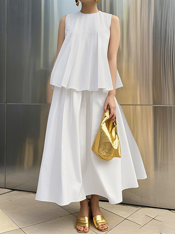 A-Line Loose Pleated Solid Color Round-Neck Vest Top