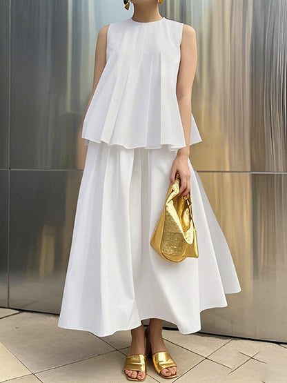 A-Line Loose Pleated Solid Color Round-Neck Vest Top