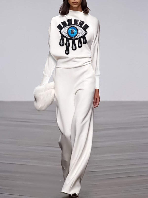 T-shirts amples à manches longues et col montant avec imprimé brodé appliqué 