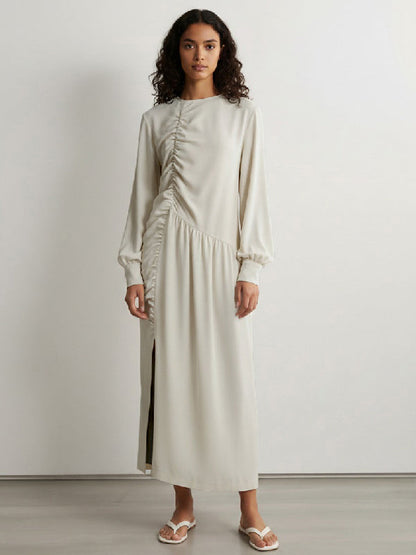 Long Sleeves Puff Sleeves Asymmetric Pleated Split-Joint Split-Side Round-Neck Maxi Dresses
