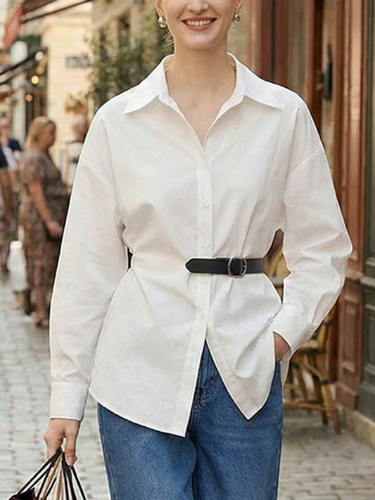Long Sleeves Loose Belted Buttoned Contrast Color Split-Joint Lapel Blouses&Shirts Tops