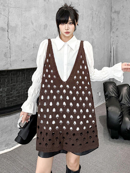 Loose Sleeveless Hollow Solid Color V-Neck Vest Top