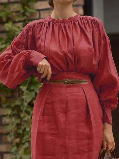 Long Sleeves Pleated Solid Color Split-Joint Round-Neck Blouses&Shirts Tops