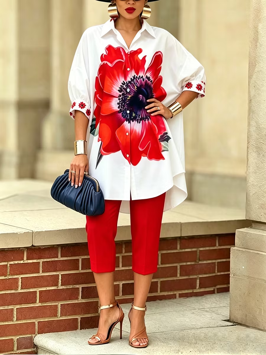 Half Sleeves Loose Buttoned Flower Print Lapel Blouses&Shirts Tops