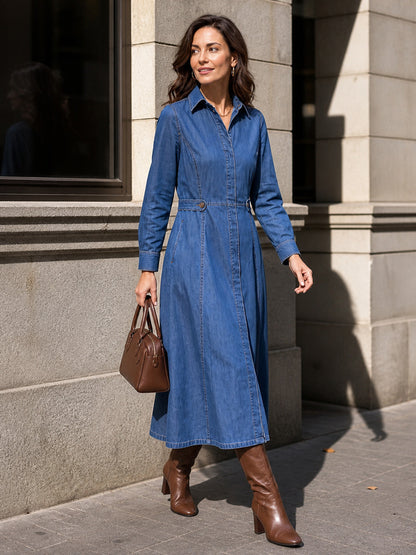 Split-Joint Solid Color Pockets Buttoned Long Sleeves High Waisted Lapel Midi Dresses