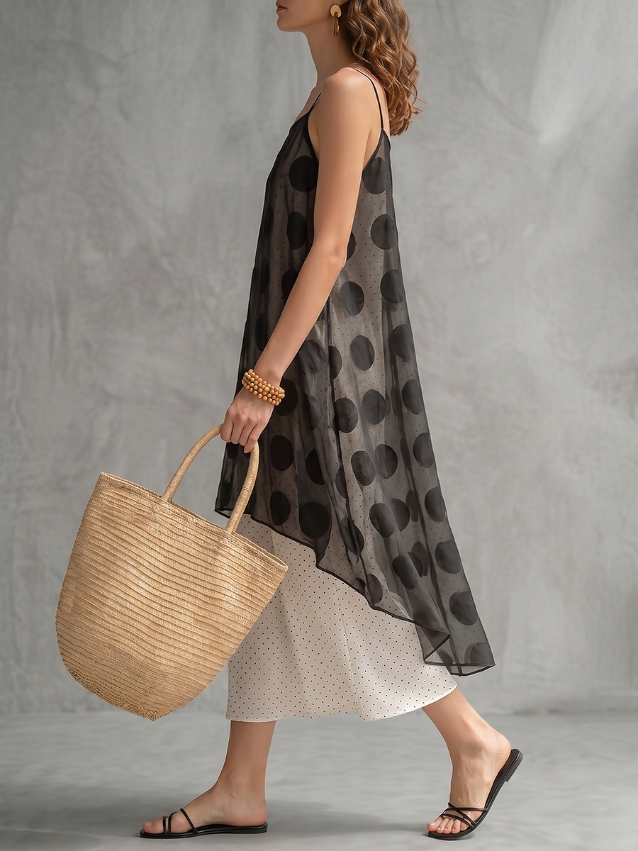 False Two Sleeveless Contrast Color Polka Dot See-Through Spaghetti-Neck Midi Dresses Slip Dress