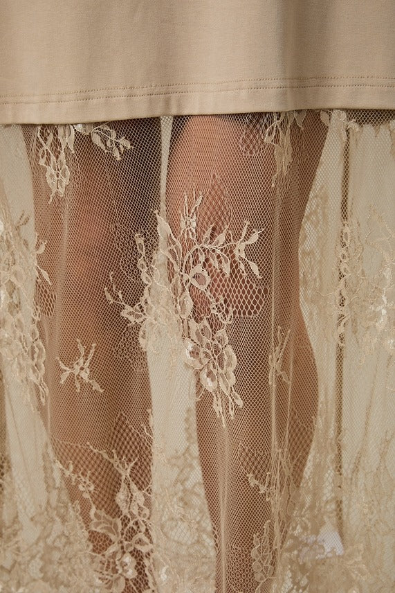 Round Neck Lace Joined T-Shirt Maxi Dress