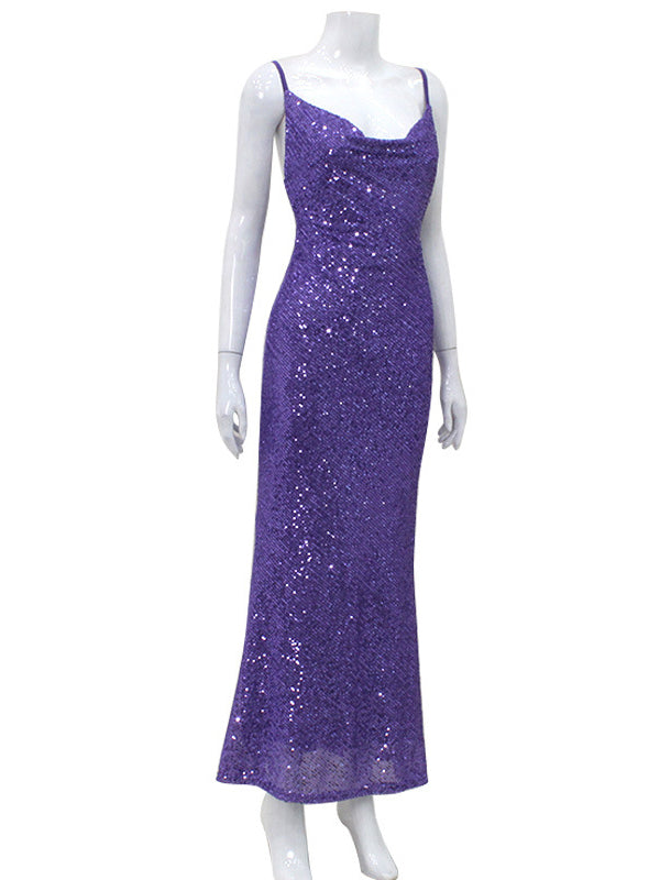 Robe longue fendue à col spaghetti et sequins croisés dans le dos 