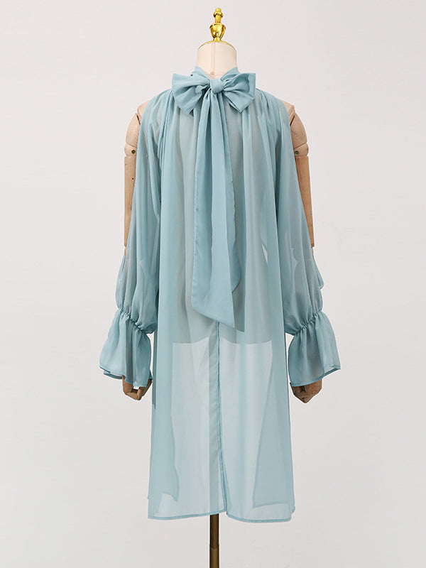 High-Low Long Sleeves Elasticity Hollow Pleated Solid Color Mock Neck Blouses&Shirts Tops