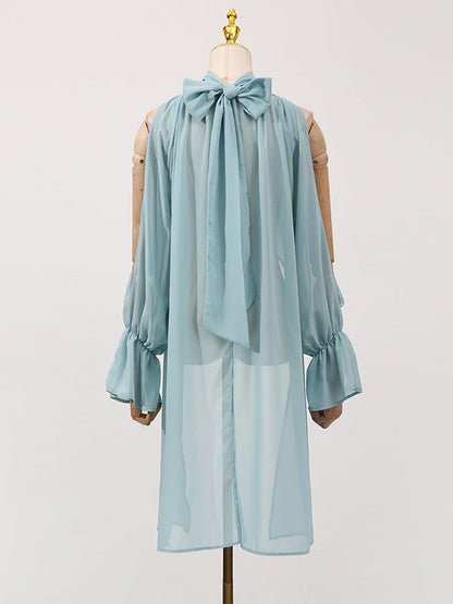 High-Low Long Sleeves Elasticity Hollow Pleated Solid Color Mock Neck Blouses&Shirts Tops