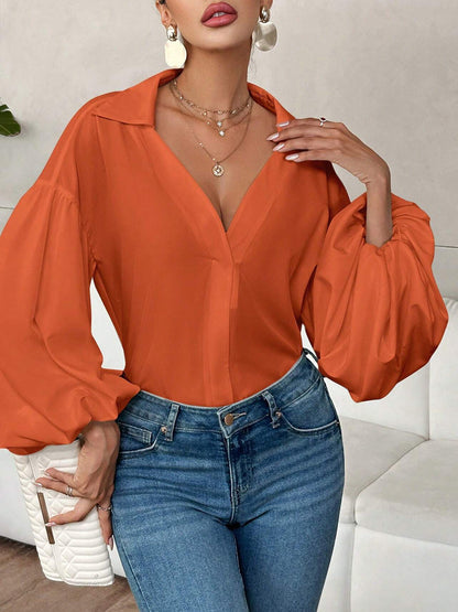 Long Sleeves Loose Pleated Solid Color Split-Joint Lapel Blouses&Shirts Tops