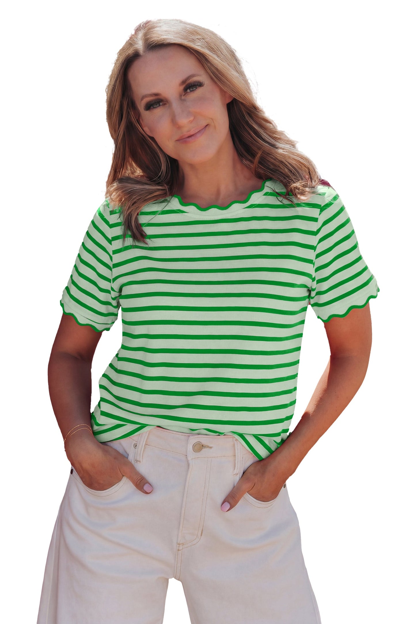 Green Stripe Scalloped Trim Round Neck T Shirt