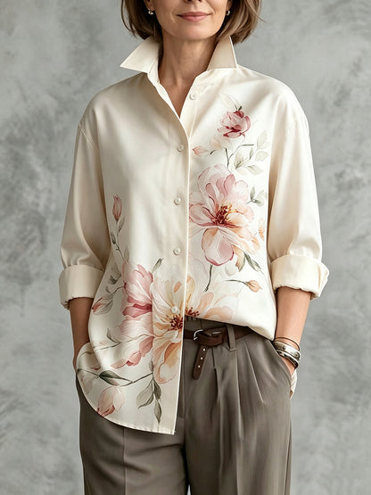 Flower Print Buttoned Loose Long Sleeves Stand Collar Blouses&shirts Tops