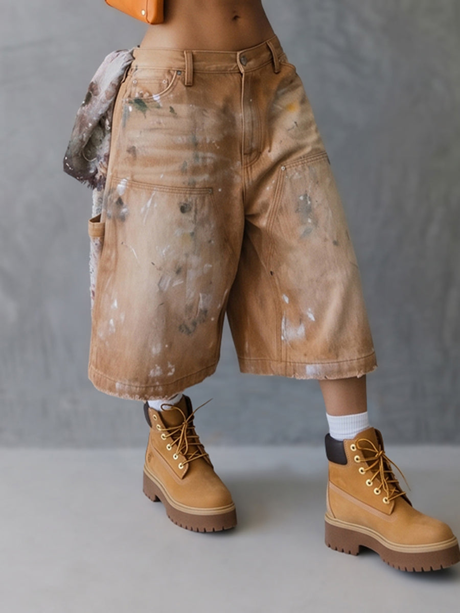 High Waisted Wide Leg Pockets Wash Painting Jean Pants Bottoms