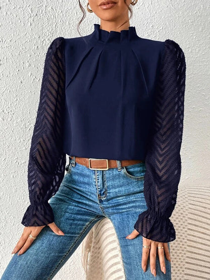 Long Sleeves Loose Elasticity Mesh Pleated Solid Color Mock Neck Blouses&Shirts Tops