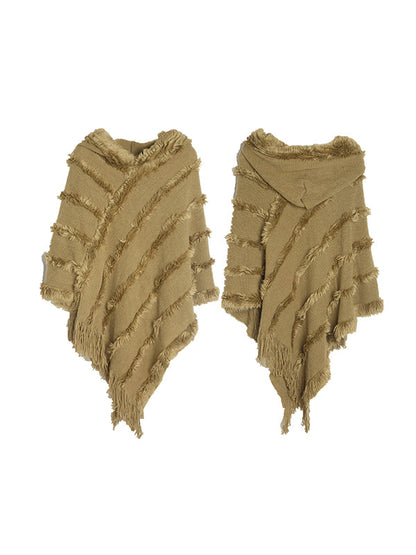Hooded Keep Warm Solid Color Tasseled Cape Shawl&Cloak