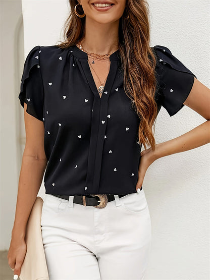 Loose Short Sleeves Pleated Polka-Dot V-Neck Blouses&Shirts Tops