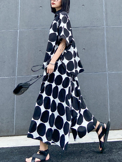 Batwing Sleeves Buttoned Polka-Dot Round-Neck Shirts Top + Elasticity Pockets Harem Pants Pants Bottom Two Pieces Set