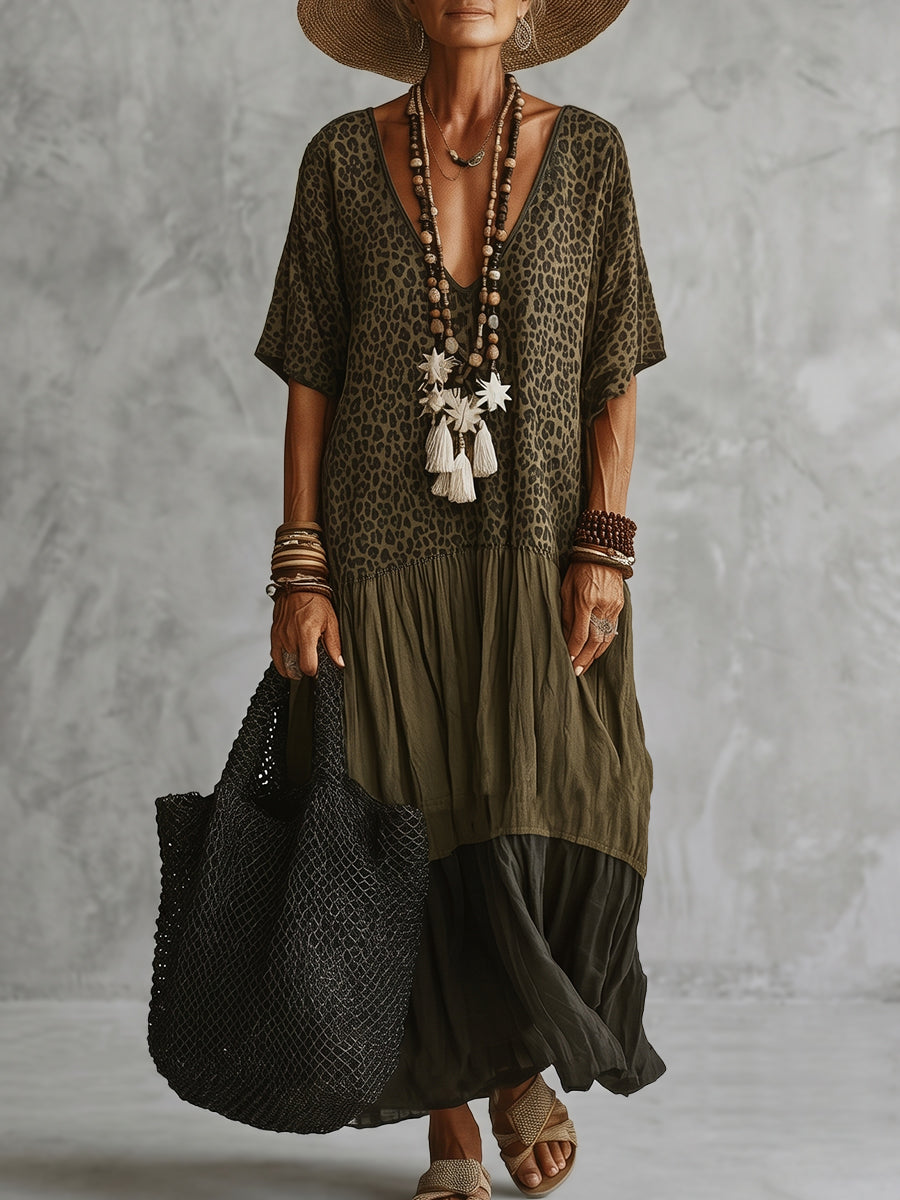 Half Sleeves Loose Leopard Pleated Printed Split-Joint Deep V-Neck Maxi Dresses