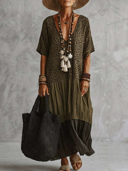 Half Sleeves Loose Leopard Pleated Printed Split-Joint Deep V-Neck Maxi Dresses