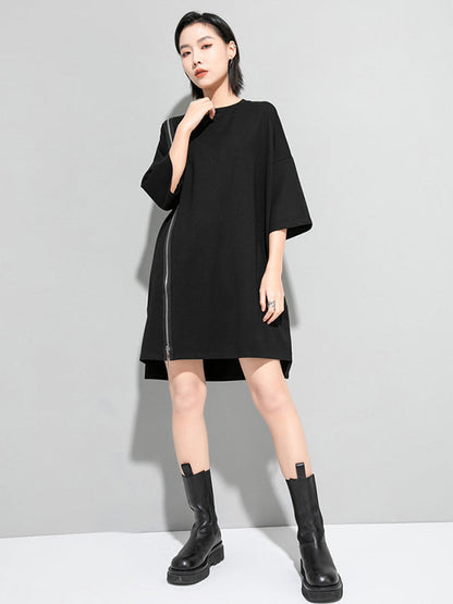 Original Black Zipper Batwing Sleeve Round-Neck Mini Dress