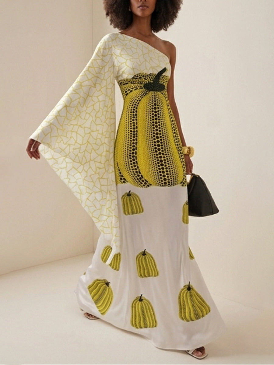 Long Sleeves Loose Asymmetric Printed One-Shoulder Maxi Dresses