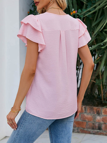 Loose Ruffle Sleeves Solid Color Split-Joint Textured V-Neck Blouses&Shirts Tops