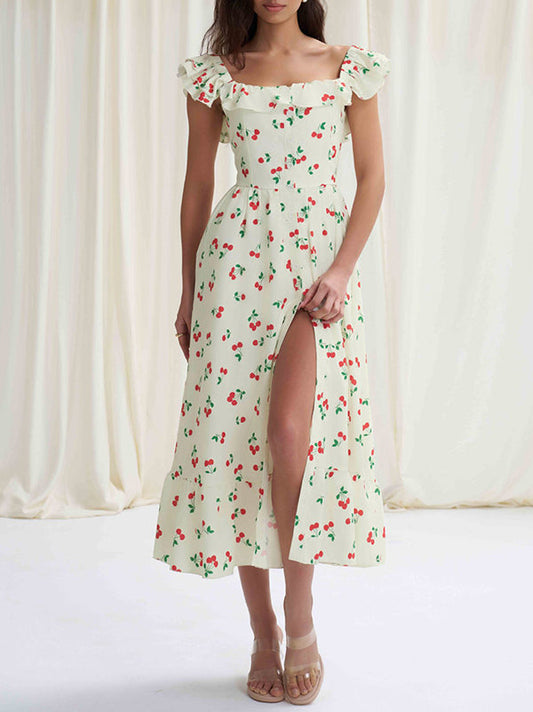 High Waisted Loose Buttoned Elasticity Flower Print Pleated Square-Neck Midi Dresses
