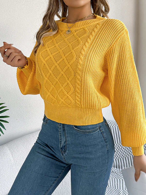 Elasticated Waist Long Sleeves Cable Knit Solid Color Round-Neck Knit Top Sweater Tops