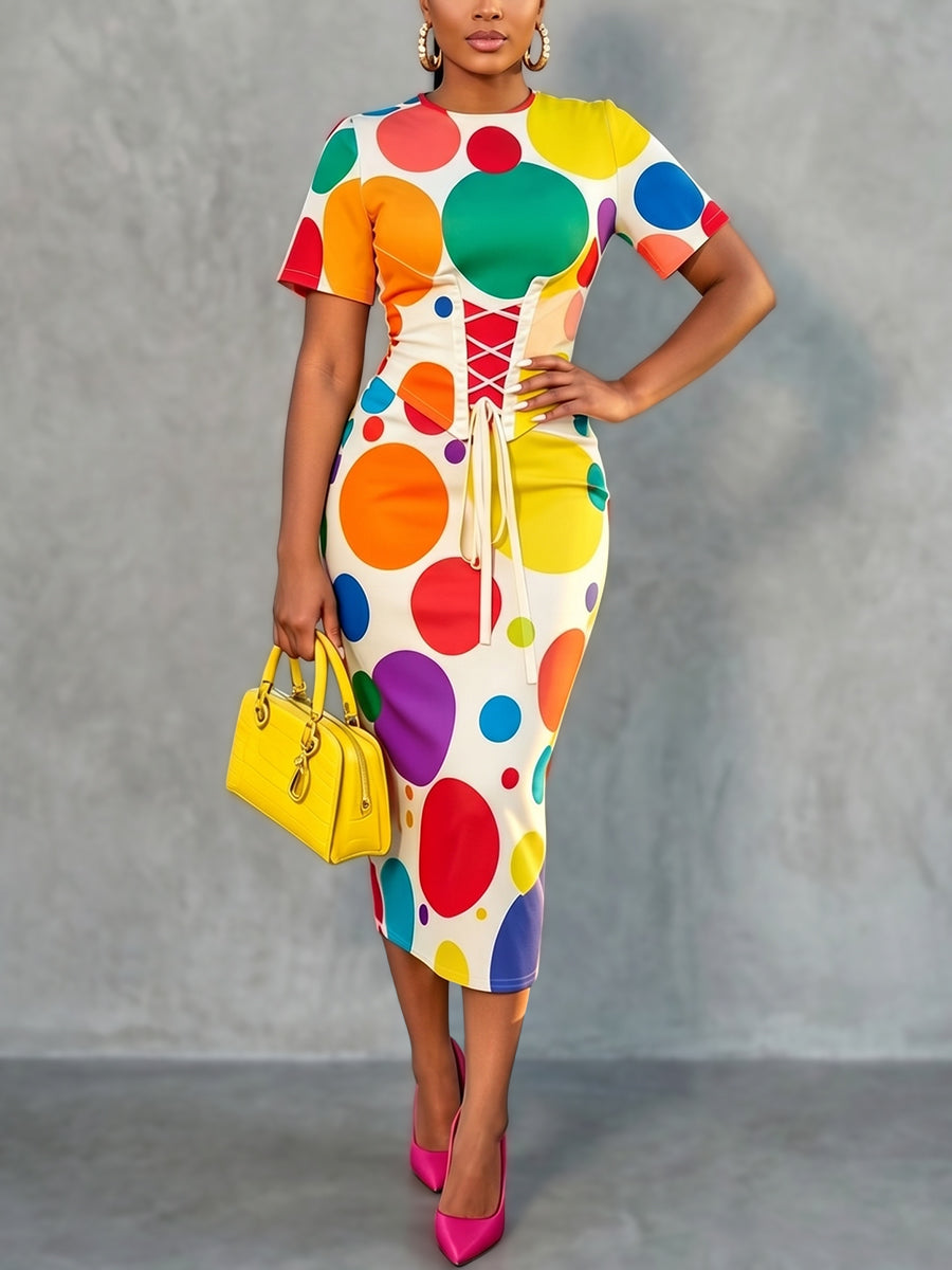 Bodycon Short Sleeves Colorful Contrast Color Polka Dot Split-Back Split-Joint Tied Round-Neck Midi Dresses