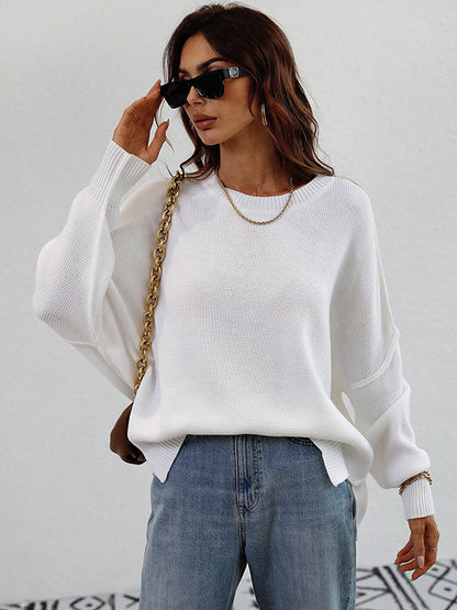 Casual Long Sleeves Loose Split-Side Solid Color Round-Neck Sweater Tops