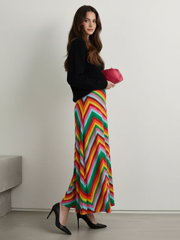 A-Line High Waisted Contrast Color Multi-Colored Serrated Print Skirts Bottoms