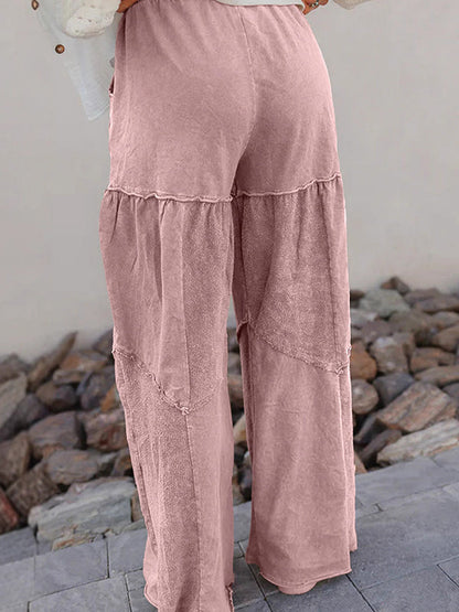 High Waisted Loose Drawstring Pleated Pockets Solid Color Split-Joint Pants Trousers