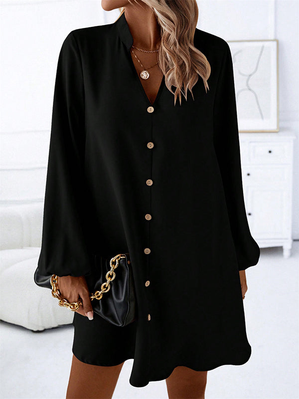 Mini-robe trapèze à manches longues et col en V, boutonnée et unie 