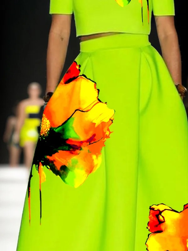 A-Line Loose Flower Print Pleated Pockets Skirts Bottoms