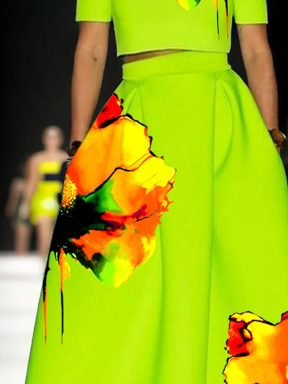 A-Line Loose Flower Print Pleated Pockets Skirts Bottoms