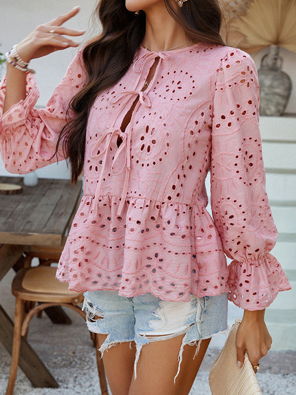Long Sleeves Loose Elasticity Hollow Pleated Solid Color Tied Round-Neck Blouses&Shirts Tops