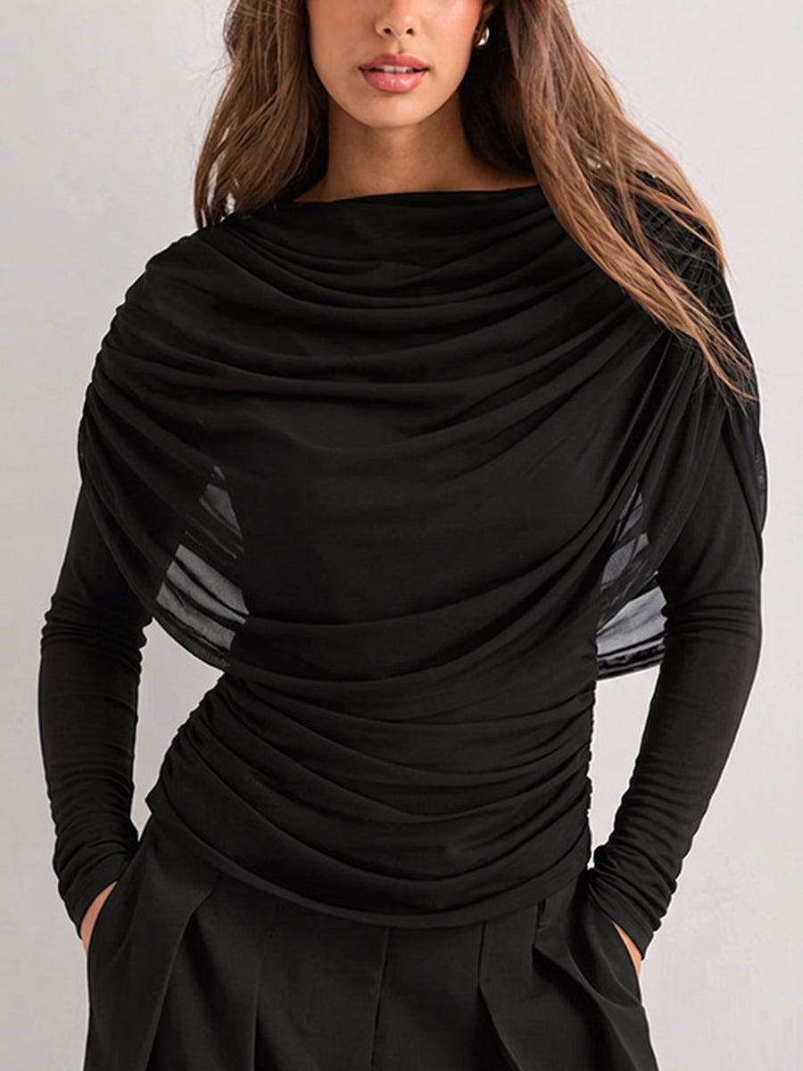 Solid Color See-Through Ruched Skinny Long Sleeves Heaps Collar Blouses&shirts Tops
