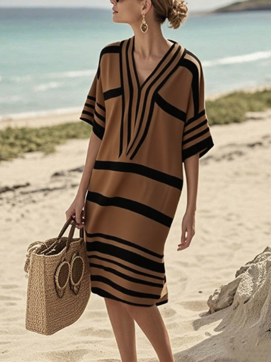 Half Sleeves Loose Contrast Color Split-Joint V-Neck Midi Dresses