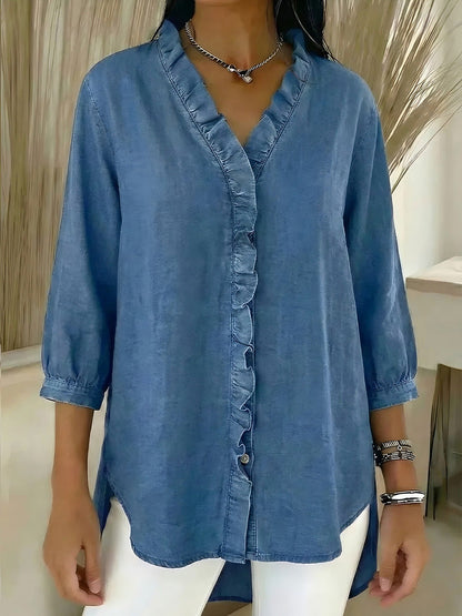 Loose Plus Size Ruffle Trim Solid Color V-Neck Blouses&Shirts Tops