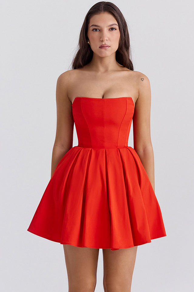 Emmanuela Tomato Strapless Pleated Mini Dress Red