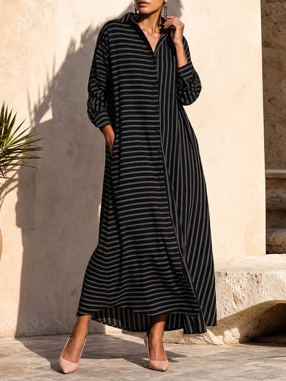 Striped Split-Joint Pockets Three-quarter Sleeves Loose Lapel Shirt Dress Maxi Dresses