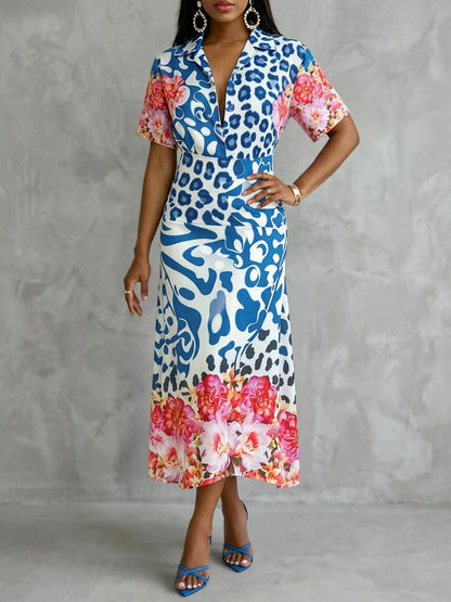 Short Sleeves Contrast Color Flower Print Leopard Split-Joint Notched Collar Blouses&Shirts Tops