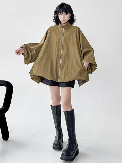 A-Line Long Sleeves Buttoned Solid Color Zipper Stand Collar Outerwear Windbreakers