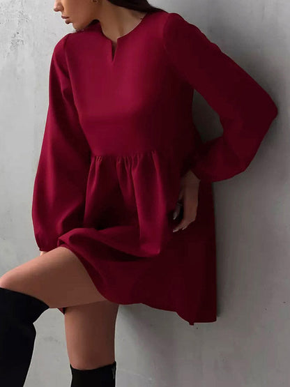 Loose Puff Sleeves Elasticity Pleated Solid Color Split-Joint Round-Neck Mini Dresses